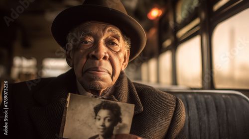 A reflective portrait of an elderly African American man on a bus, holding a vintage photograph to honor the enduring legacy of the Civil Rights Movement on Rosa Parks Day, USA