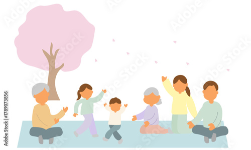 桜の木の下でお花見を楽しむ三世代家族のイラスト
