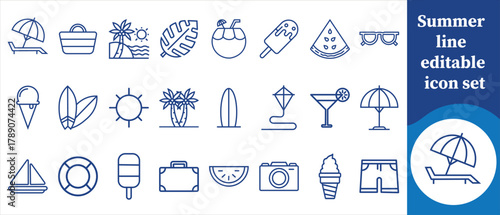 Summer line editable icon set, sun, sunshine, beach, palm tree, coconut tree, surfboard, ocean wave, seashell, starfish, beach umbrella, sunglasses, ice cream, popsicle and more