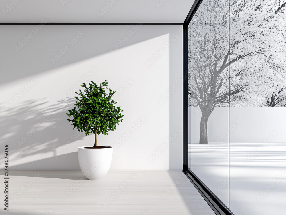 Fototapeta premium Minimalist christmas interior with green plant in white pot and large window showing snowy tree outside peaceful winter scene