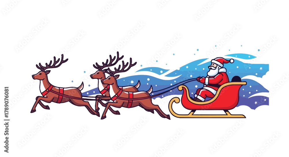 Naklejka premium Cheerful Santa Claus on a magical Christmas Eve sleigh ride with his team of reindeer through a winter snowstorm. Vector holiday illustration