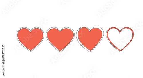 Vibrant row of red heart icons, featuring three fully colored and one outlined heart, symbolizing love, health, or a visual progress bar, ideal for engaging user interface and graphic design