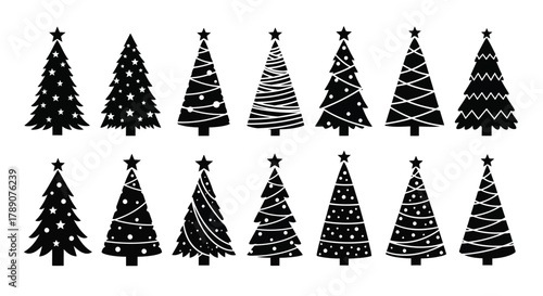 Collection of various decorative Christmas trees on a white background, ideal for holiday design