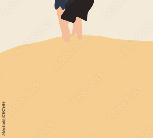 Legs stuck in sand dune on beach during summer sunny day. Natural background. Minimal design.