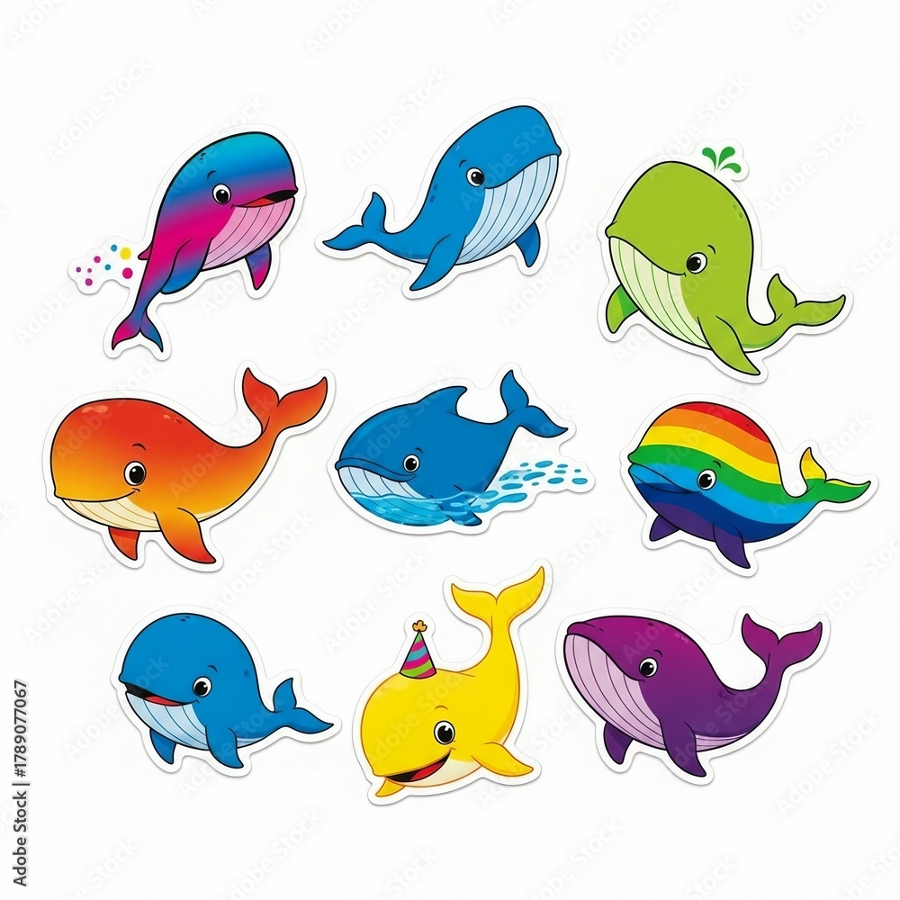 Obraz premium Charming Cartoon Whales with Unique Expressions and Joyful Personalities