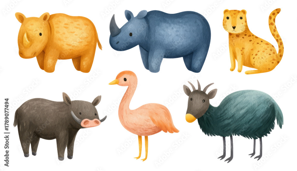 Fototapeta premium Colorful and Cute Cartoon Animals Including Rhino, Leopard, and Flamingo