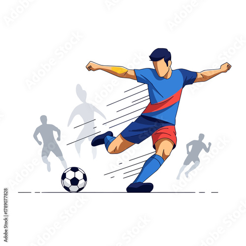 Dynamic footballer powerfully kicks ball during intense match with blurred opponents creating sense of motion and competition