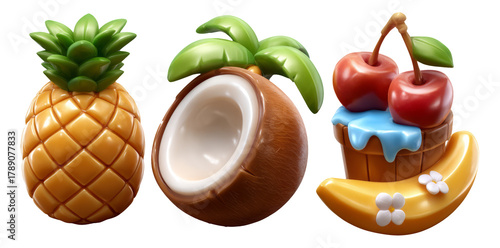 Colorful Tropical Fruits and Objects in a Playful Cartoon Style on Isolated Background