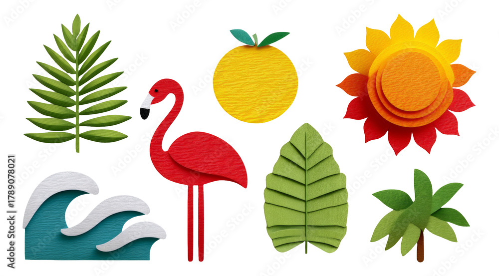 Obraz premium Colorful Tropical Elements with Flamingo, Waves, Leaves, and Sun in Flat Design
