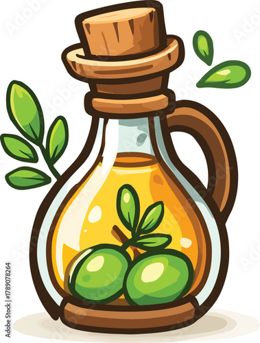 Cartoon style olive oil bottle with green olives and leaves