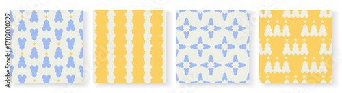 Set of seamless patterns designed in modern retro and rustic orthodox flat style containing graphical objects and bright color palette.