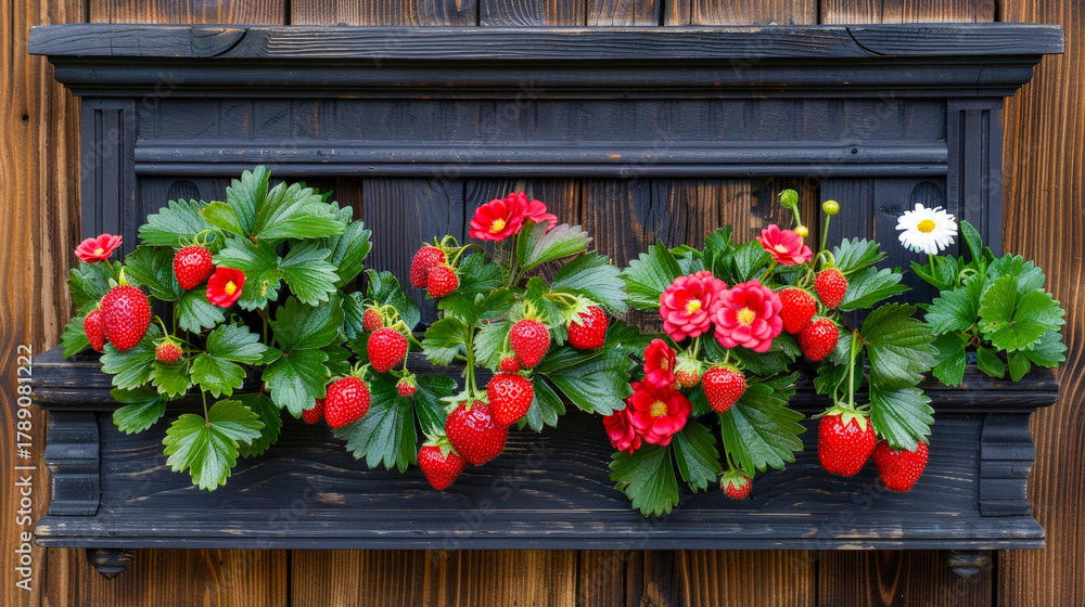 Naklejka premium Bright red strawberries and colorful flowers on a rustic black wooden shelf in a garden