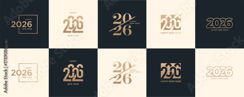 Se of 2026 Happy New Year logo text design. 2026 number design template. Collection of 2026 Happy New Year symbols. Vector illustration with isolated gold elements on a black and white background.