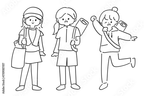 スポーツウェアを着たかわいい女性グループの線画イラスト