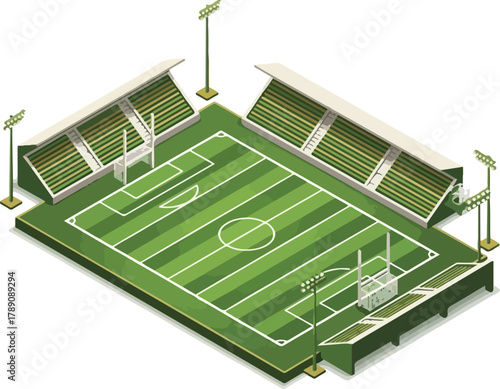 Isometric view of a green soccer field with white markings and goals, surrounded by stadium seating and floodlights on a plain white background.