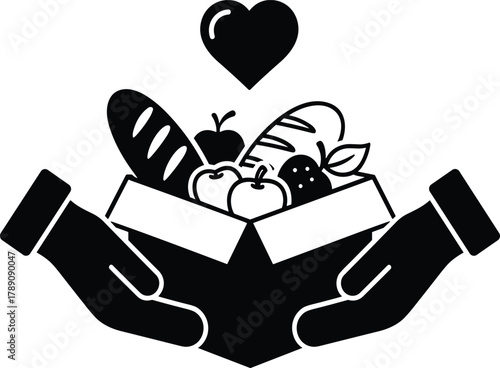 Charity food donation box, hands holding groceries, heart symbol above, vector illustration, community support, black and white graphic art