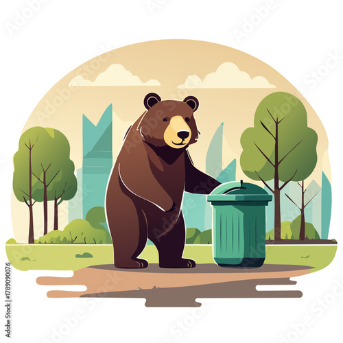 人里に現れる熊のベクターイラスト アーバンベアと社会問題  注意喚起