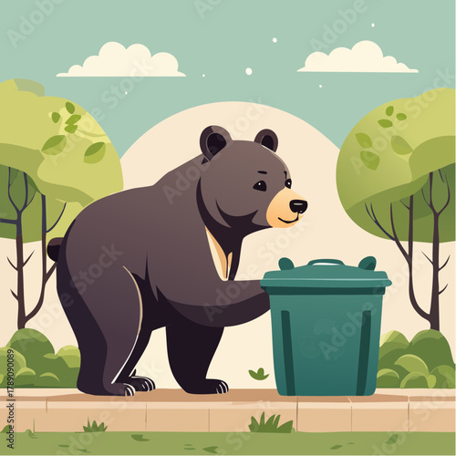 人里に現れる熊のベクターイラスト アーバンベアと社会問題  注意喚起
