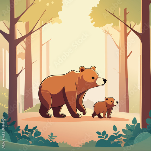 山歩きする熊の親子のかわいいベクターイラスト 森の自然