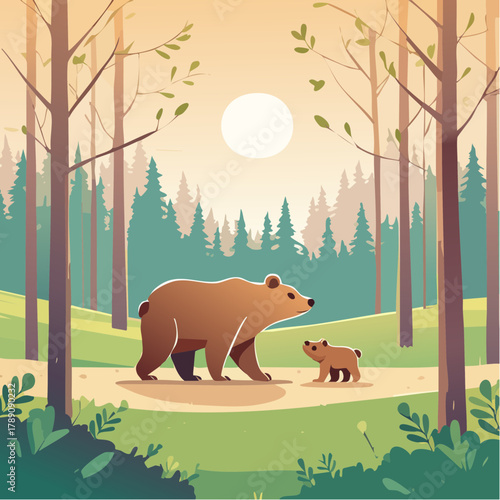 山歩きする熊の親子のかわいいベクターイラスト 森の自然