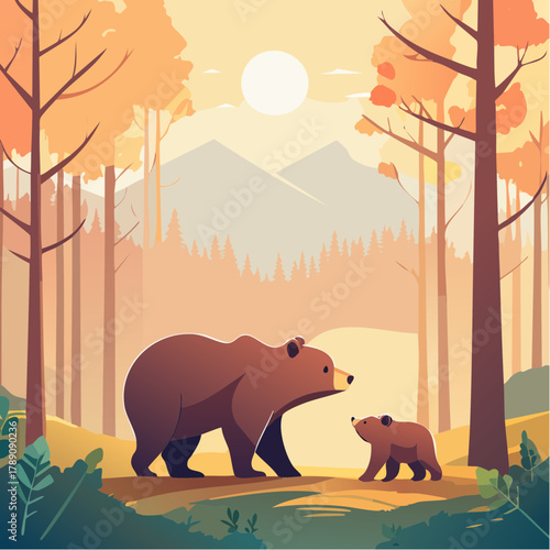 山歩きする熊の親子のかわいいベクターイラスト 森の自然