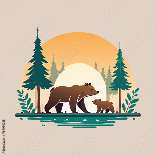 山歩きする熊の親子のかわいいベクターイラスト 森の自然