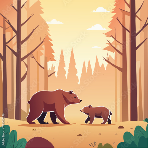 山歩きする熊の親子のかわいいベクターイラスト 森の自然