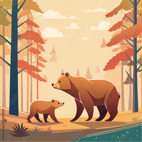 山歩きする熊の親子のかわいいベクターイラスト 森の自然