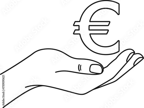 Open hand with euro symbol, financial support concept, black and white vector, money offering icon, economic aid, cad drawing illustration