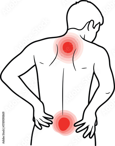 Person with upper and lower back pain, red pain zones, medical symptom icon, black and white vector, cad drawing illustration