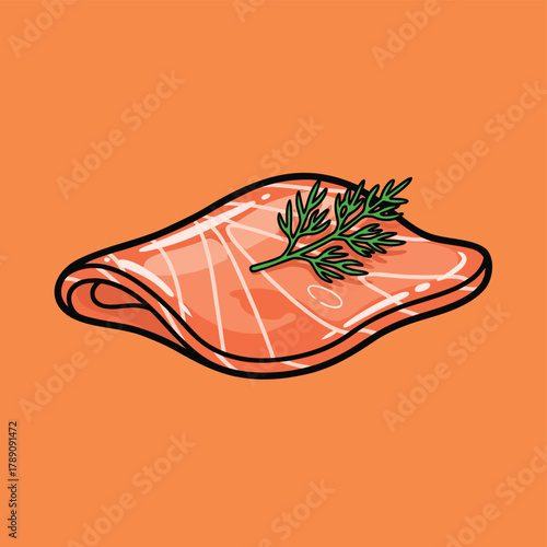 A vibrant cartoon illustration of a fresh salmon fillet with a sprig of green dill on an orange background.
