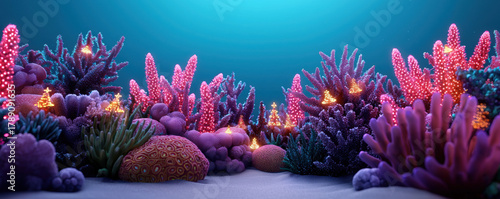 Christmas coral reef underwater scene with glowing lights and festive decorations creating magical holiday atmosphere in ocean