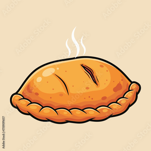 A cartoon illustration of a golden-brown, steaming hot empanada or pasty with crimped edges on a light background, depicting a freshly baked snack.