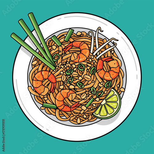 A vibrant illustration of a classic Pad Thai dish with shrimp, noodles, peanuts, lime, and green onions, served on a white plate.