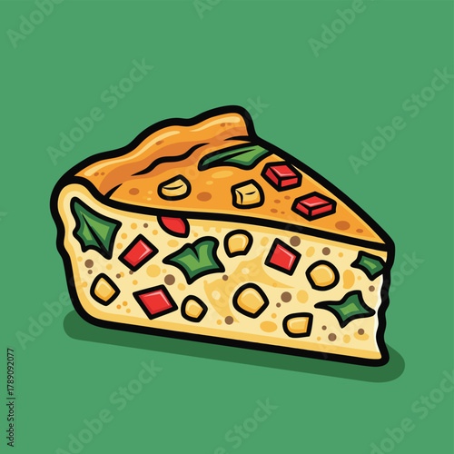 A vibrant cartoon illustration of a delicious slice of savory quiche or pie, filled with colorful vegetables and cheese, on a solid green background.