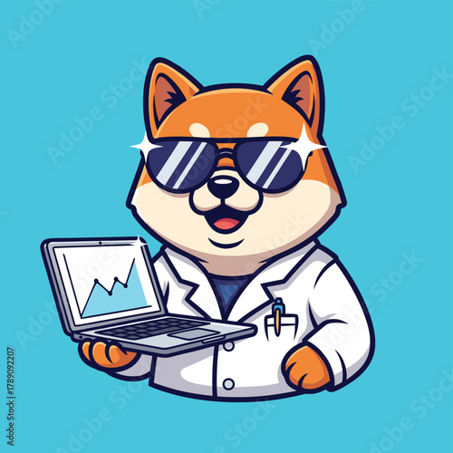 A cool cartoon Shiba Inu dog scientist wearing sunglasses and a lab coat, holding a laptop with a graph.