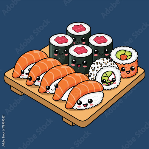 Cute cartoon sushi and maki rolls with smiling faces arranged on a wooden serving board against a dark blue background.