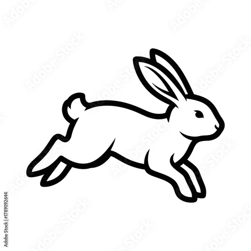 Stylized black and white line art drawing of a rabbit in motion