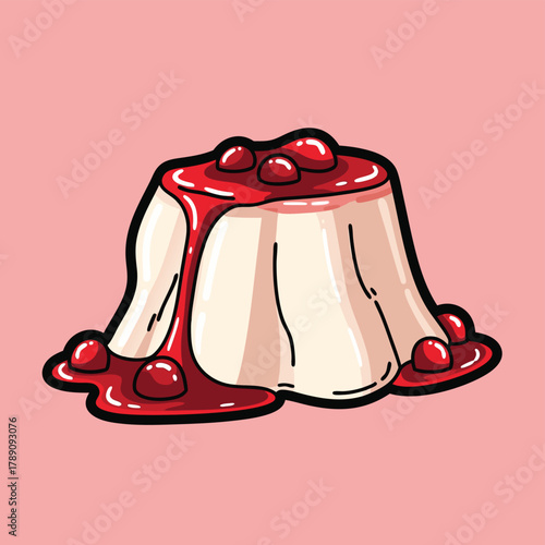 A creamy panna cotta dessert topped with vibrant red berry sauce and whole berries, set against a soft pink background.