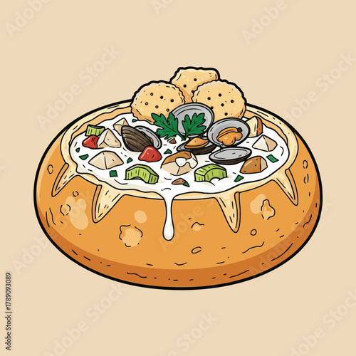 A cartoon illustration of creamy clam chowder served in a rustic bread bowl, garnished with fresh parsley and crackers, with a slight drip.
