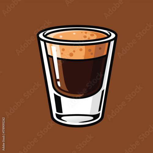 A cartoon illustration of a single shot glass filled with dark espresso coffee and a creamy foam layer on a brown background.