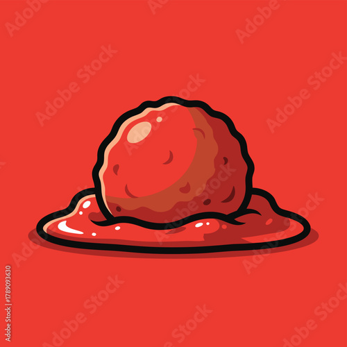 Cartoon illustration of a single meatball resting in a pool of red tomato sauce on a vibrant red background.