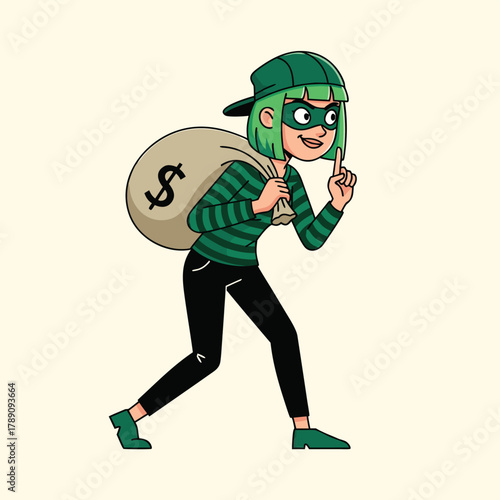 A cartoon illustration of a female thief with green hair, wearing a striped shirt and a mask, carrying a money bag with a dollar sign, and making a 'shhh' gesture.