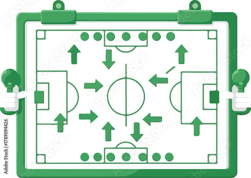Tactical soccer strategy board with green arrows and player positions for world cup and soccer team planning on a white background.