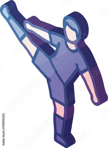 A soccer player wearing a purple uniform and helmet kicks a ball high in the air with one leg during a world cup match on a white background with a dynamic and energetic mood.