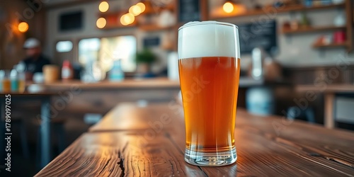 Frosty glass of craft beer on rustic wood, blurred cafe background,  cafe,   glassware