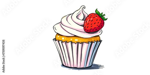 Whimsical sketch of a cupcake with a strawberry and swirled frosting,  sugar,  yummy