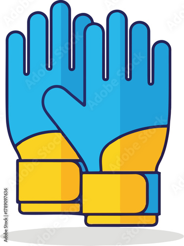 A pair of blue and yellow protective gloves on a white background, with a Velcro strap, used for soccer and world cup sports safety.