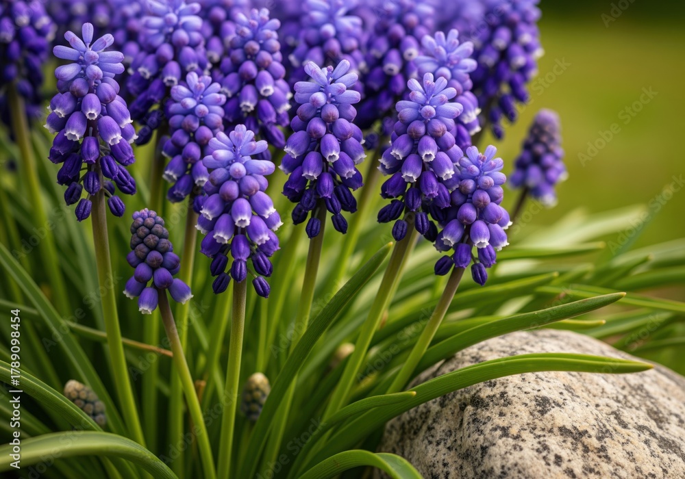 Fototapeta premium Detailed close up of vibrant purple muscari flowers and green foliage in spring