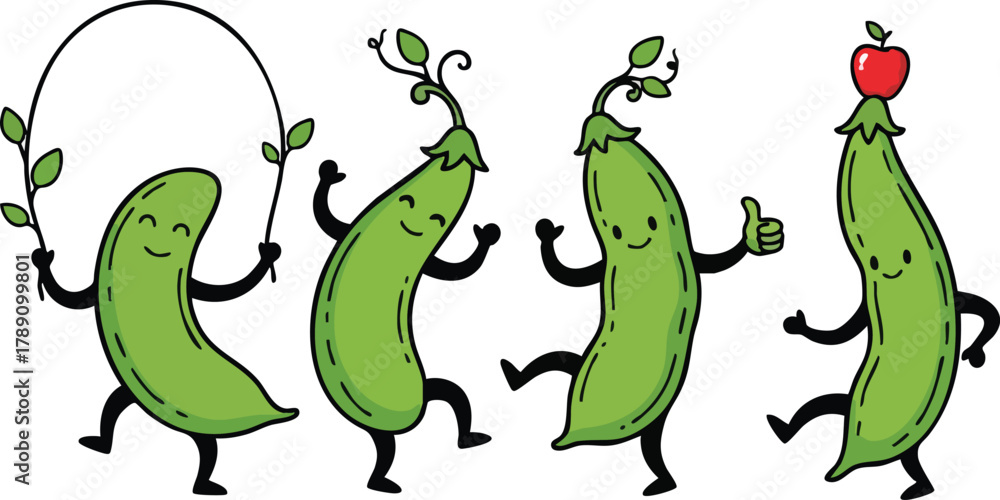 Fototapeta premium Four Green Bean Characters Dancing and Jumping Rope With An Apple on Head